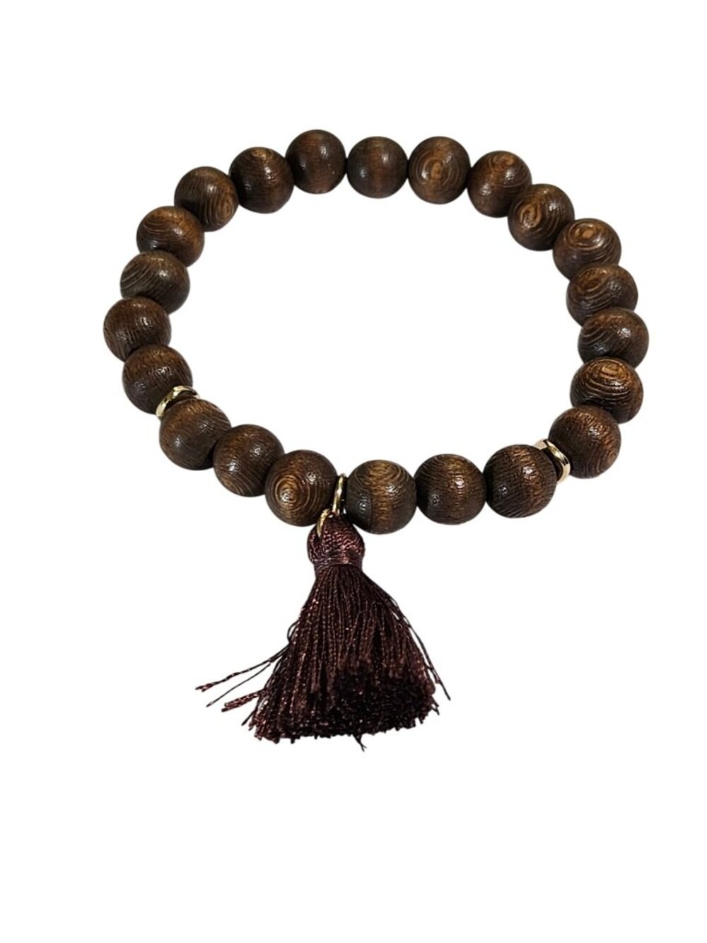 Brown Wooden Beaded Stretchy Bracelet Goldtone Spacers Tassel 6.75" Unstretched